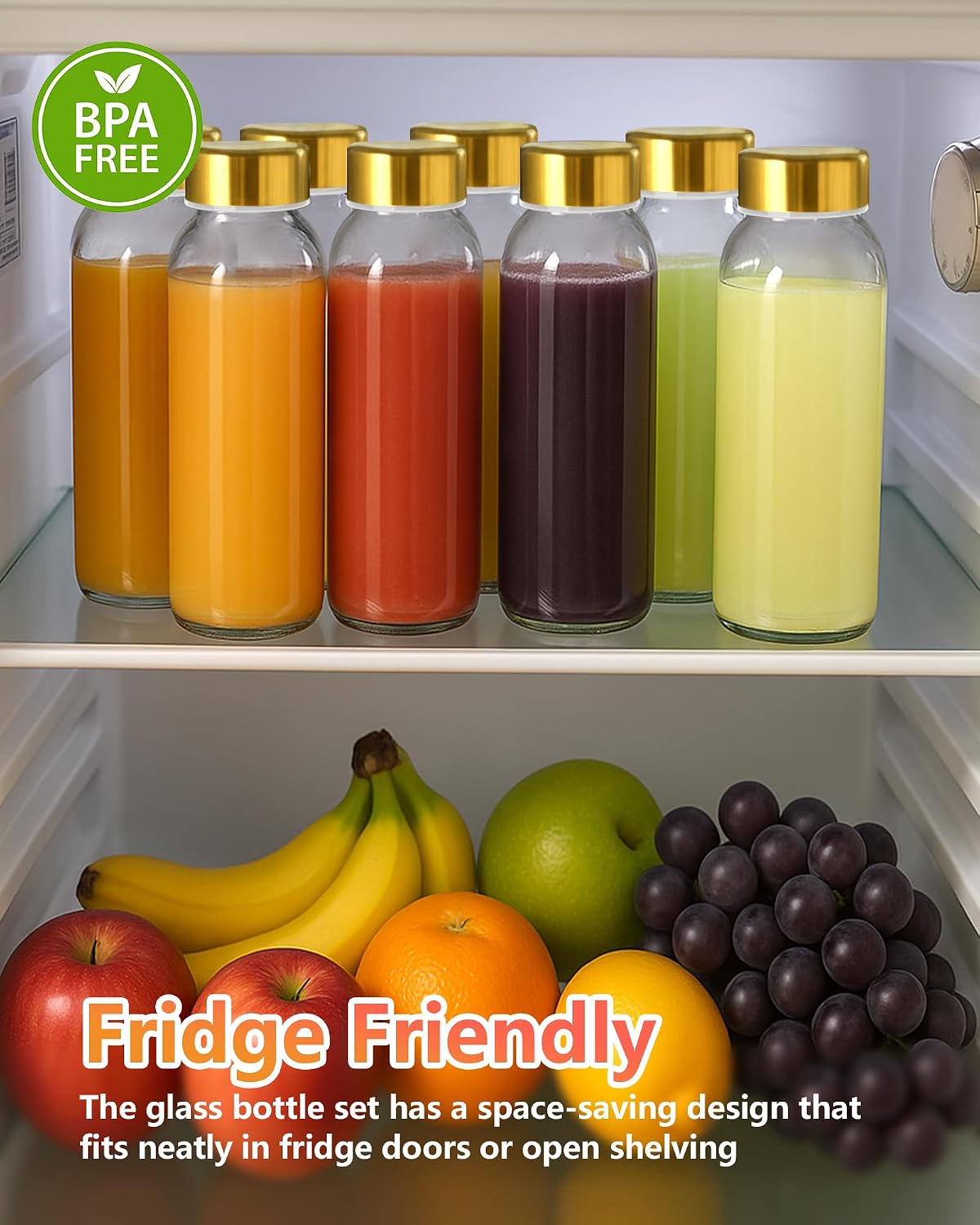 Zukro 10 oz Glass Juice Bottles with Stainless Steel Gold Lid Leak Proof