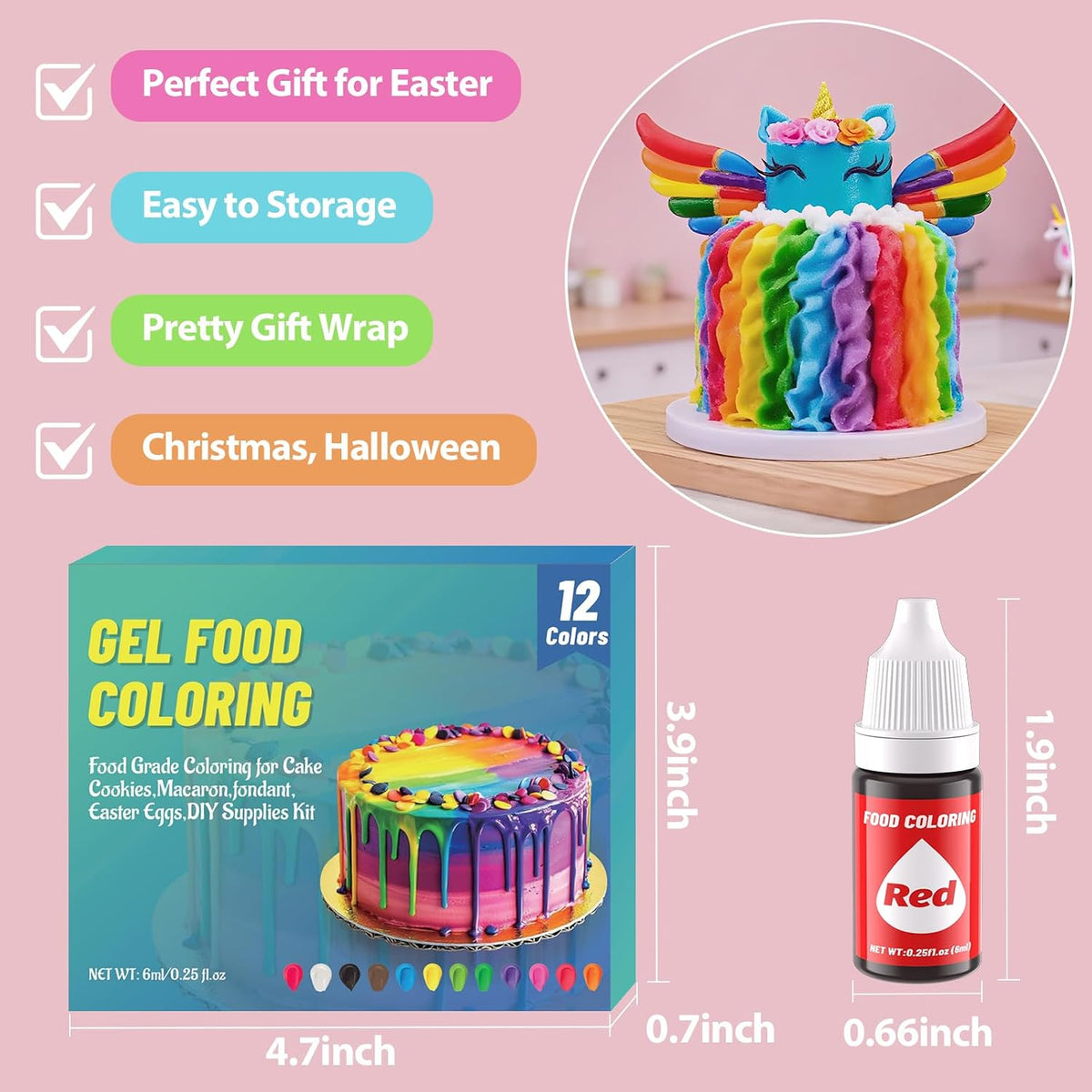 12 Color Gel Food Coloring Liquid Set, KATSPRO Food Grade Tasteless Vibrant Food Coloring Dye for Baking Icing Cake Decorating Cookie Fondant, Frosting, Cookies, Christmas Baking, Easter Egg and DIY Supplies Kit - 0.25 Fl.oz(6ml)/Bottles