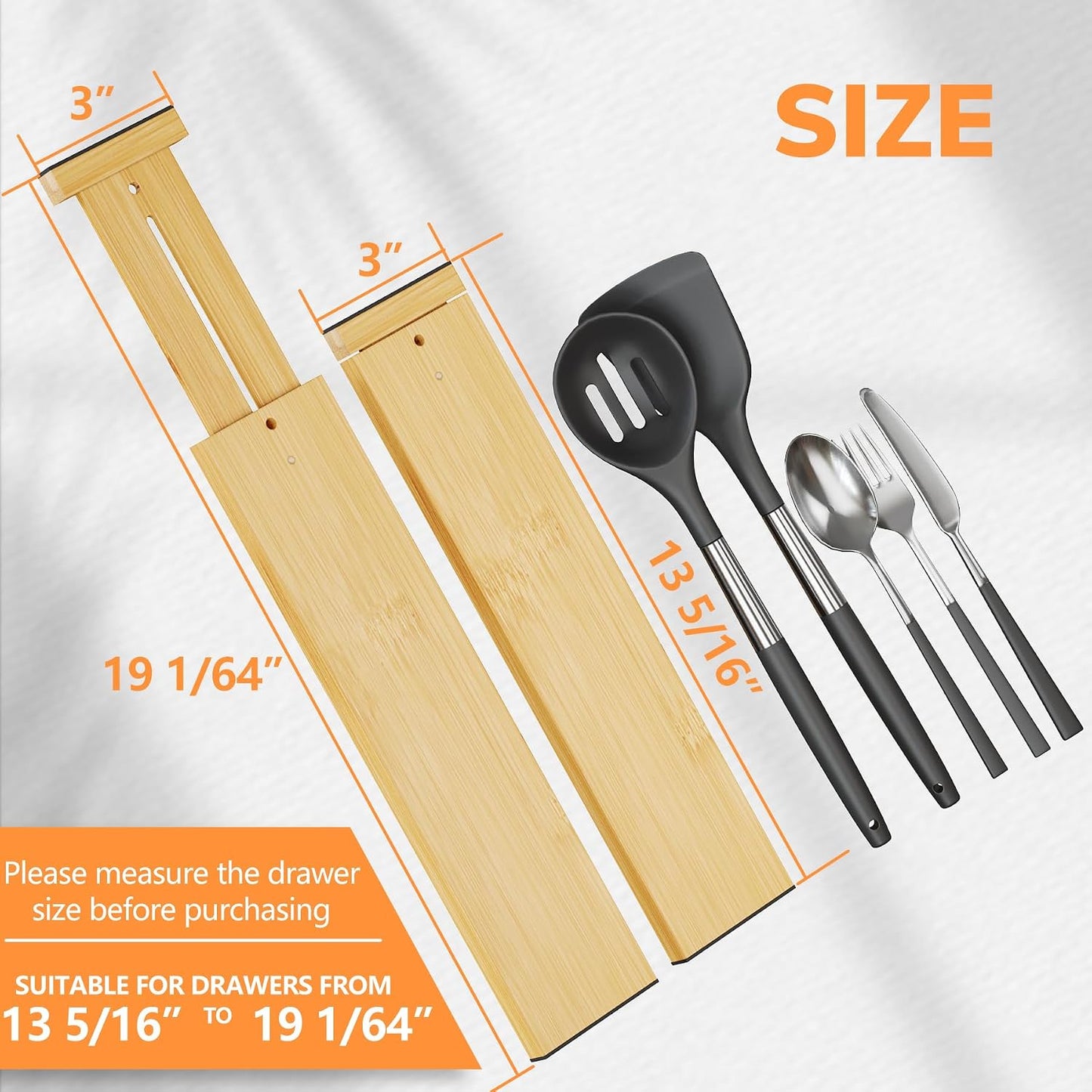 BAMEOS Bamboo Expandable Drawer Dividers – Fits 13.3"–19" Drawers, 3" Deep Walls, Set of 4 | Spring-Loaded Separator for Deep Kitchen &amp; Bathroom Drawers, Prevents Items Falling Over