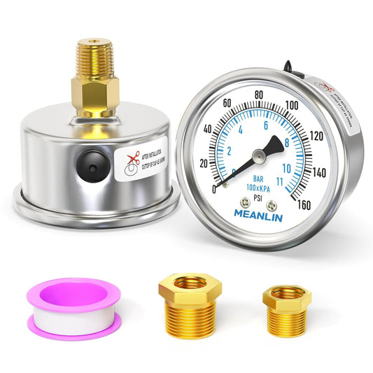 MEANLIN MEASURE 0~160Psi Dry Pressure Gauge Stainless Steel 1/4" NPT 2" FACE DIAL Waterproof for Air Compressor RV Regulator
