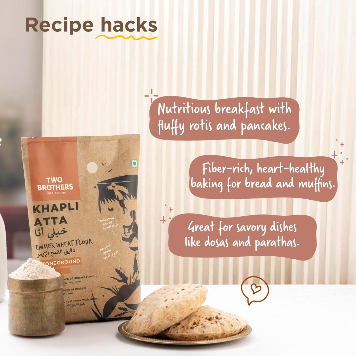 Two Brothers Organic Farms - Khapli Wheat Flour (5kg) | Low-Gluten Wheat Flour | High Dietary Fiber for Easy Digestion | Stoneground Emmer | Khapli Atta | Organic Atta (Pack of 1 kg x 5)