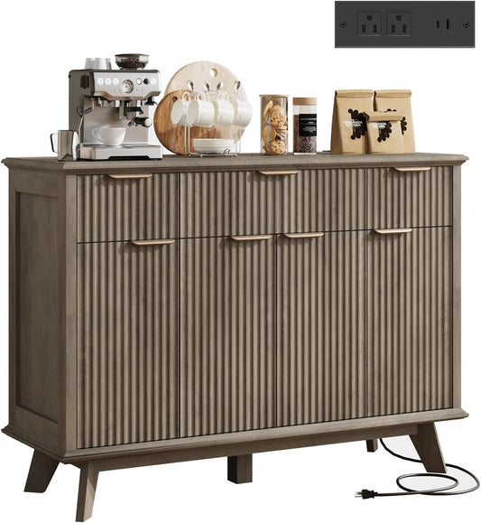 QUW Fluted Sideboard Buffet Cabinet with Charging Station, 47.2" Kitchen Storage Cabinet with Drawers and Adjustable