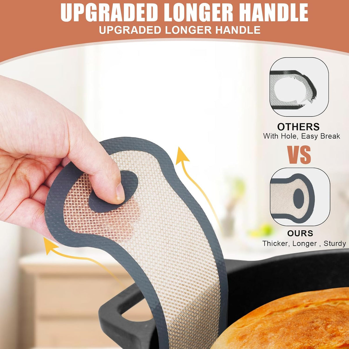 Silicone Bread Sling, 2 Pcs Silicone Baking Sling with Longer Handles, Non-Stick &amp; Easy Clean Dutch Oven Baking Mat to Transfer SourDough Easily, Reusable Bread Mat Set
