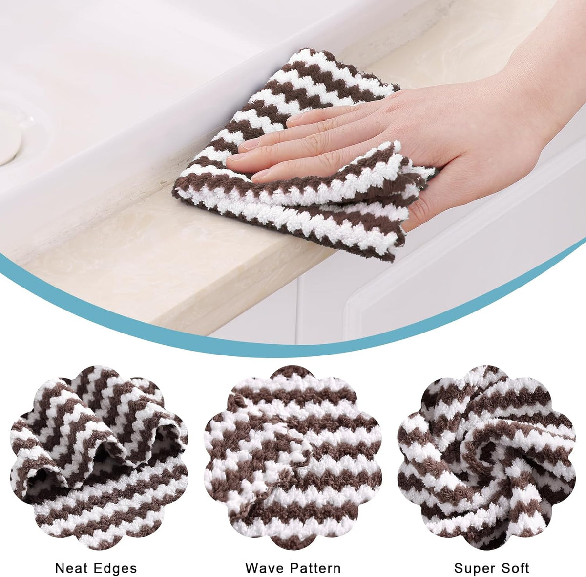 Homaxy 12 Pack Kitchen Dish Cloths, Ultra Soft and Absorbent Dish Towels, Reusable Fast Drying Microfiber Cleaning Cloth, Coral Velvet Wave Design No-lint, 10 x 10 inches, Brown