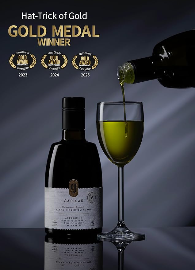 Garisar High In Polyphenol Premium Extra Virgin Olive Oil (>600 ppm), Low Acidity (max 0.2%), NYIOOC 2025 Gold Medal Winner, Organic Agriculture, Hand Picked, Cold Pressed, 100% Arbequina, Pack of 2
