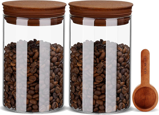 27oz Coffee Canister with Scoop and Wooden Lids, Airtight Coffee Grounds Container Set of 2 for Coffee Bar Organizer, Glass