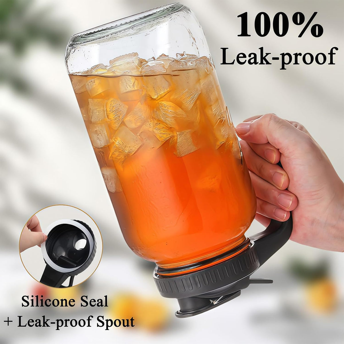 64oz Glass Pitcher with Handle and Lid, 2 Quart Mason Jar Pitcher - Airtight & Leakproof Water Jug with Pour Spout Lid, Glass Containers for Fridge, Perfect for Juice, Cold Brew, Iced & Sun Tea