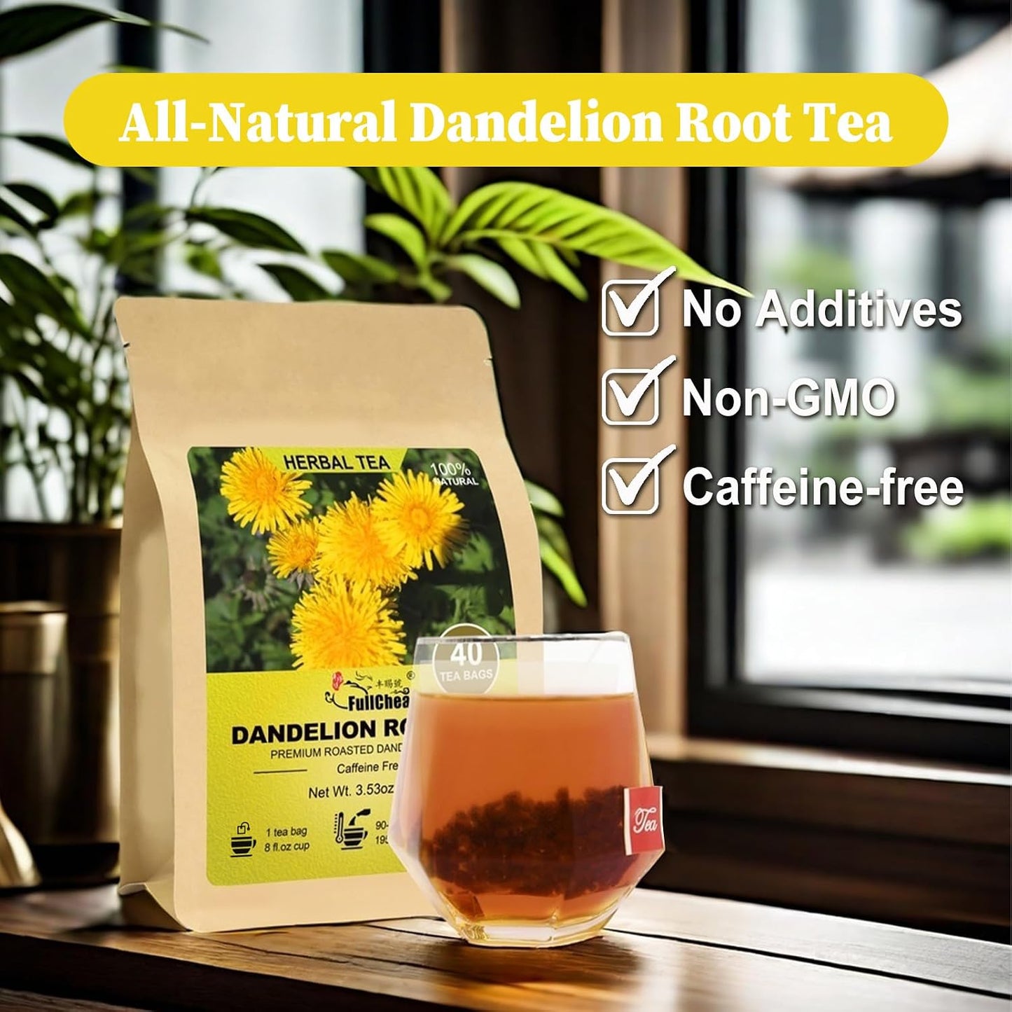 FullChea - Dandelion Root Tea Bags, 40 Count, Roasted Root Tea | Roasted root infusion with a deep earthy taste, supports digestion, immune wellness and detox tea routines