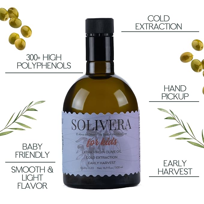 Solivera Mini Verde Extra Virgin Olive Oil Cold Pressed, 300+ High Polyphenols, Baby-Friendly Blend, Smooth & Light, Single-Origin Organic Olive Oil, Hand Picked Early Harvest - 16.8 fl. oz. (Mini Verde)