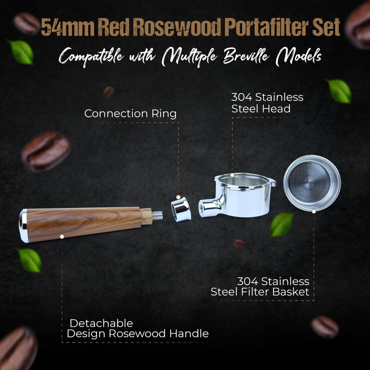 54mm Bottomless Portafilter for Breville Espresso Machines with 18g Filter Basket &amp; 53.35mm Espresso Puck Screen Naked – Red Rosewood