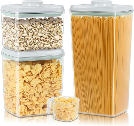 3 Pack Flour and Sugar Storage Containers with Pop-up Lid, 1.26Qt + 2.11Qt + 3.48Qt Food Storage Container for Rice,