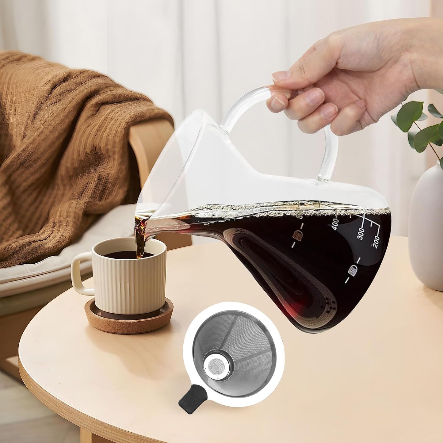 17oz/500ML Glass Pour Over Coffee Maker &amp; Stainless Filter | Double Stainless,Thickened Heat-Resistant Borosilicate Glass,Plastic Free Pour Over Coffee Dripper for Home,Camping