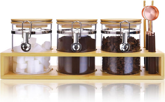 Glass Coffee Sugar Storage Jars with Bamboo Shelf and Spoon for Kitchen Counter,Sealed Glass Containers for Loose Leaf