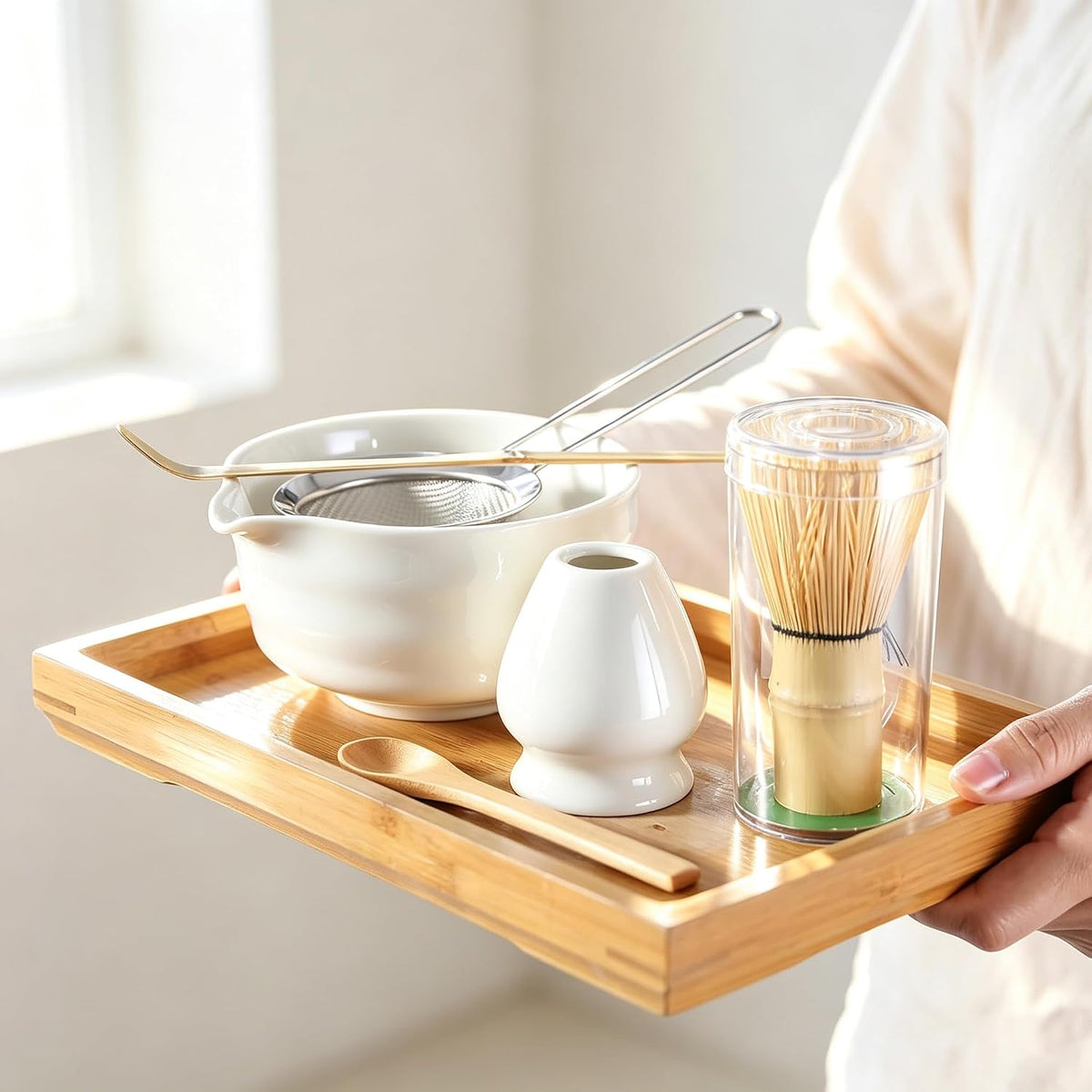 6 Pcs Matcha Set - Matcha Whisk Set &amp; Matcha Bowl Set with Bamboo Scoop, Stainless Steel Sifter, 19 oz Ceramic Pouring Bowl, Matcha Spoon, Whisk Holder - Japanese Tea Ceremony Kit for Gifts (White)