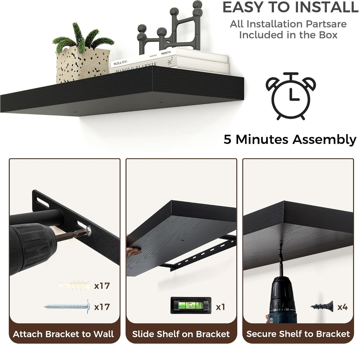 Venusmiles Floating Shelves for Wall, Engineered Wood Wall Shelves with Invisible Brackets for Living Room Bedroom Bathroom Office Kitchen Decor and Storage (Black, 72" W x 9" D x 1.5" H) Set of 1