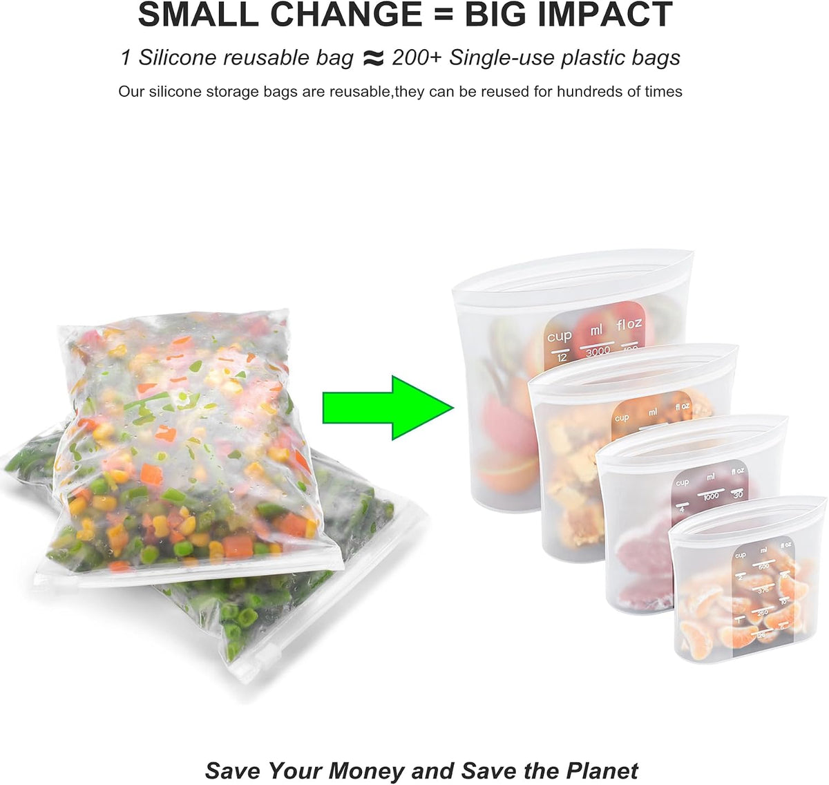 Bangp Premium Silicone Reusable Food Storage Bags,4 Pack(100oz, 50oz, 30oz,15oz),New Generation Stand Up Zip Freezer Bags,Sandwich Snack Bags,Multi-Use Food Storage Containers,Leak-free,Microwave Safe