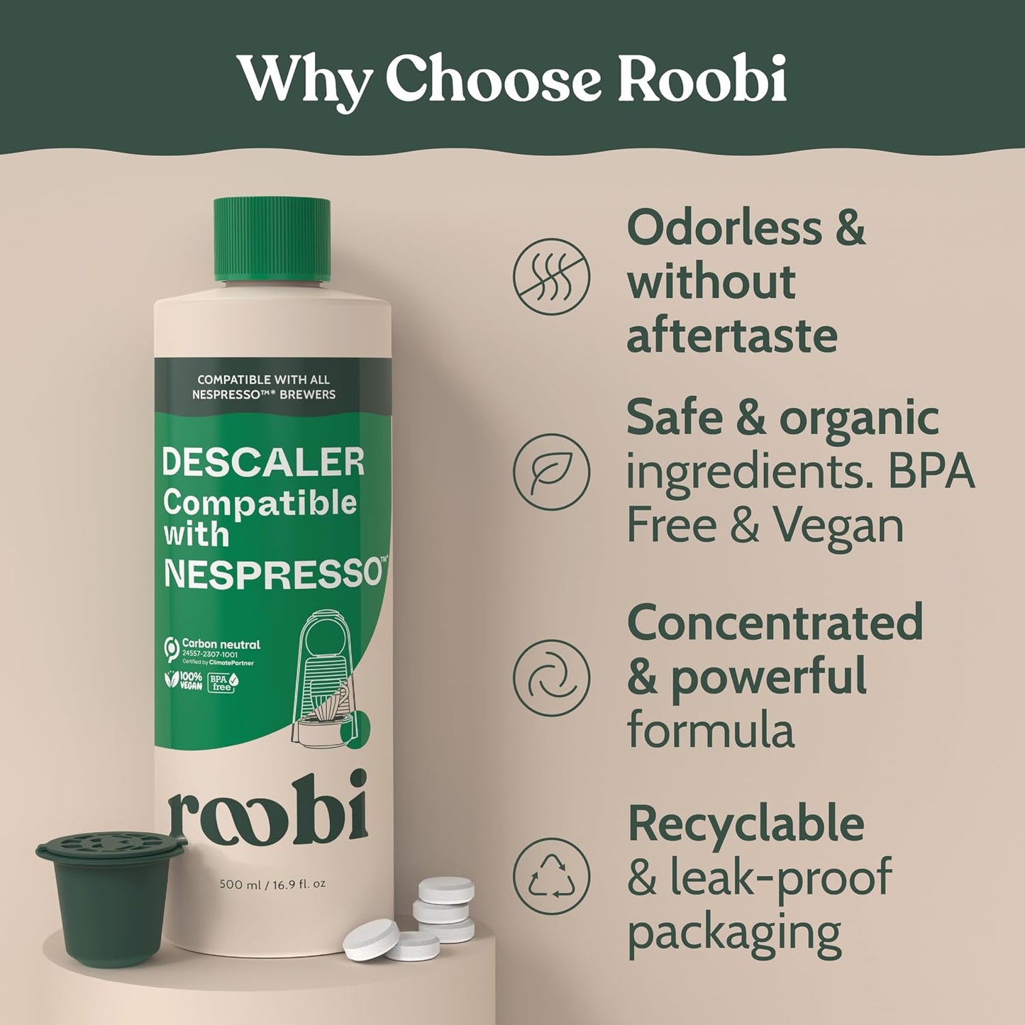 Roobi Descaling and Cleaning Kit Compatible with Nespresso Originaline | 500ml Bottle of Descaling Solution, 12 Cleaning Tablets, 1 Reusable Pod, Carbon Neutral, 1 Year Supply