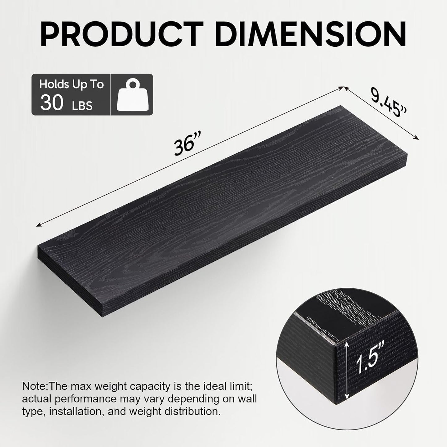 BAYKA Floating Shelves, 36" Wall Mounted Rustic Wood Shelves for Bathroom, Bedroom, Living Room, Kitchen, Office, Hanging Shelf for Books/Storage/Decor(Black,Set of 2)