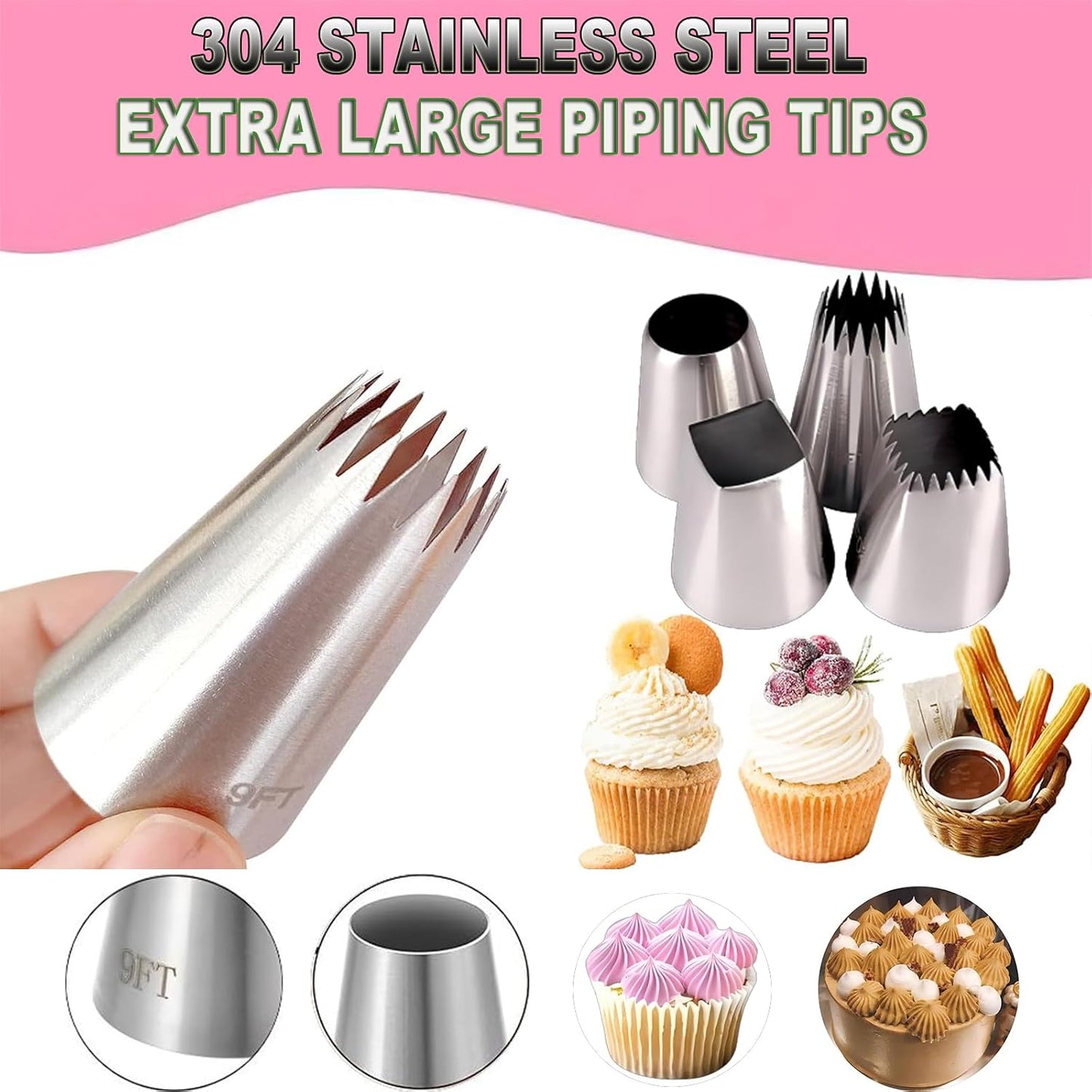 4PCS Extra Large Piping Tips Set, Stainless Steel Jumbo Icing Tips (F02 F06 9FT R22L) Round Star Square Wide for Cake Cupcake Cookie Eclair Churro Meringue