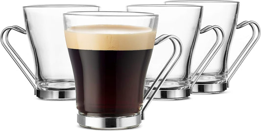 Bormioli Rocco OSLO Glass Coffee Mug - 7 ½ Ounce Espresso Cups (4 Pack) with Metal Handle Perfect Tea Glasses for hot and