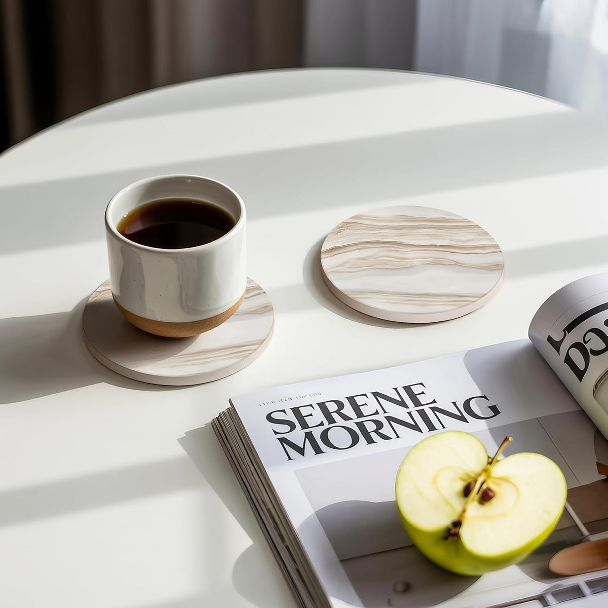 VEYRO Coasters Set of 4 for Drinks – Absorbent Ceramic Stone Drink Coasters with Cork Backing for Coffee Table & Desk, Modern Marble Look Cup Coaster Set, Housewarming Gift for New Home