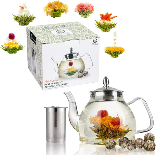 TETWIN Glass Teapot Including 6 Blooming Flower Tea Balls, Stovetop Safe Tea Pot with Removable Infuser for Loose Leaf Tea,