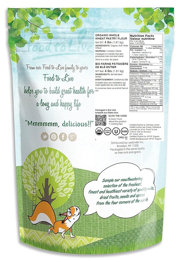 Food to Live Organic Whole Wheat Pastry Flour, 4 Pounds - Non-GMO, Finely Ground, Unbleached, Unbromated, Vegan, Kosher, All Natural, No Preservatives, Bulk, Product of the USA
