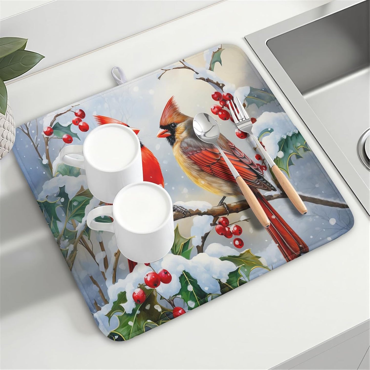 Winter Cardinal Birds Dish Drying Mat, Holly Berry Branches Dish Drying Mat for Kitchen Counter, Red Birds Absorbent Fast Dry Dish Drainer Mat Protector Xmas Microfiber Dish Drying Pad 16x18 Inch