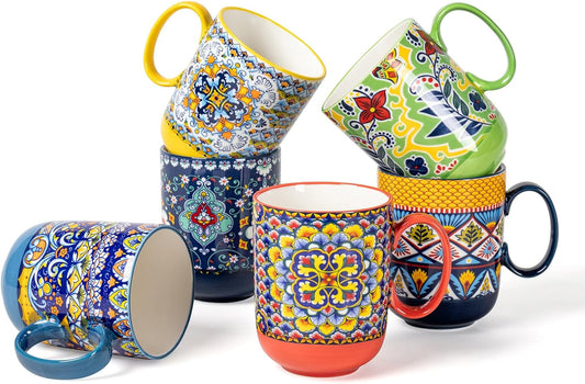 HENXFEN LEAD Coffee Mugs Set 14 Ounce - Multicolor Porcelain Cups for Latte, Hot Tea, Cappuccino, Cocoa, Soup, Dishwasher,