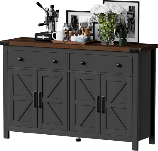 55" Sideboard Buffet Cabinet with Storage, Coffee Bar Cabinet with 2 Drawers and 4 Barn Doors, Long Storage Cabinet Modern