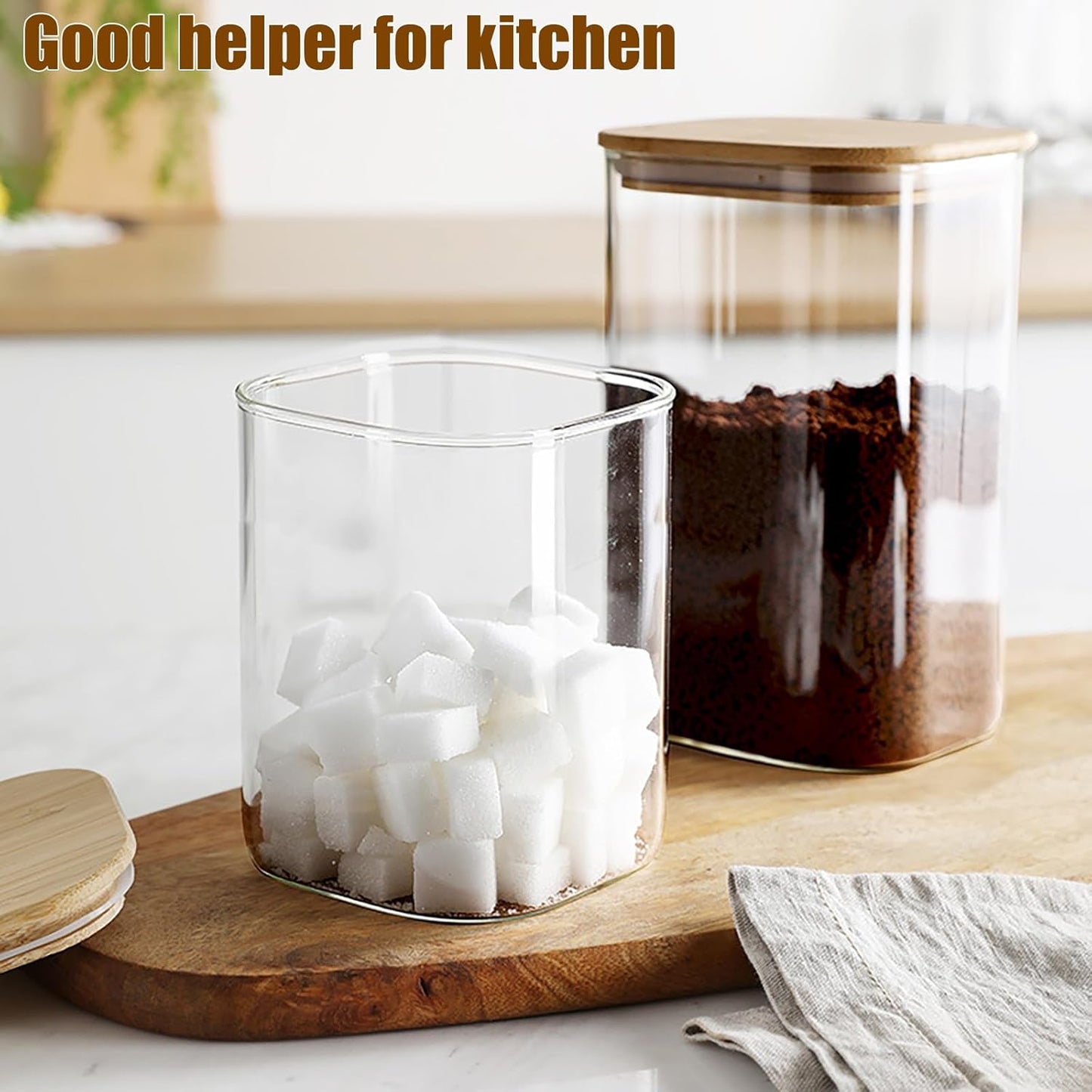 6 Pack Glass Food Storage Jars with Airtight Lids, Clear Glass Jar with Bamboo Lid, Airtight Food Canister for Tea, Candy, Coffee, Sugar, Cookie, Snack. (Square| 5+6 Inch) SET of 3