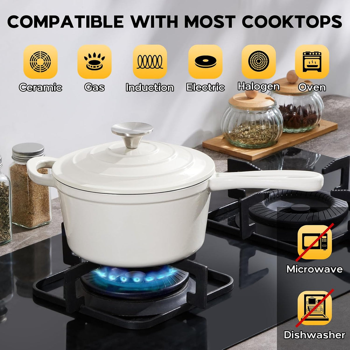 2 Quart Saucepan Dutch Oven, Onader Enameled Cast Iron Sauce Pan Pot with Lid, Small Cooking Kitchen Pot, Nonstick & Oven Safe – White