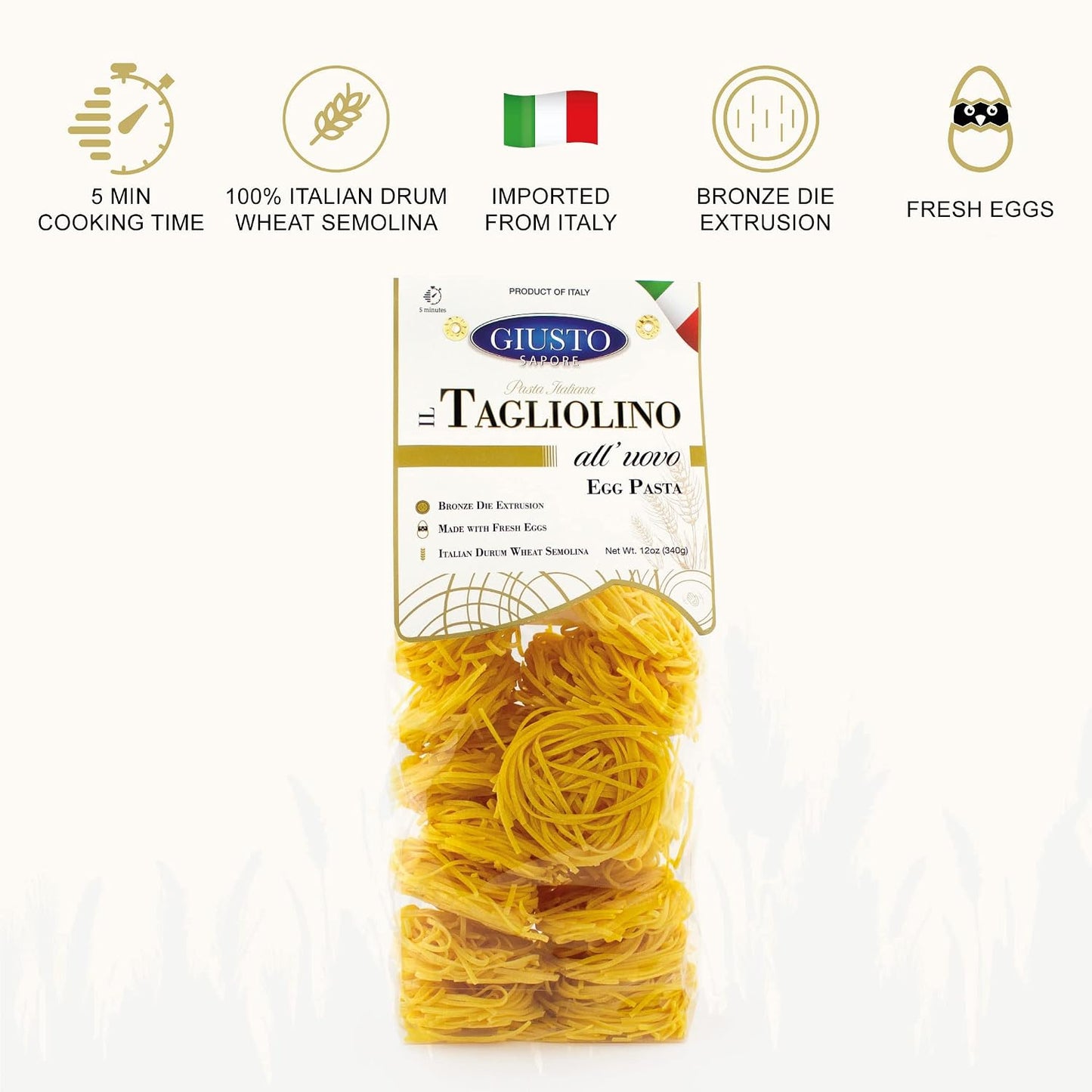 Giusto Sapore Classic Tagliolini All'Uovo Italian Egg Pasta Nest - 340g - Premium Bronze Drawn Durum Wheat Semolina Gourmet Pasta Noodles - Imported from Italy and Family Owned (Tagliolino, 1 Pack)