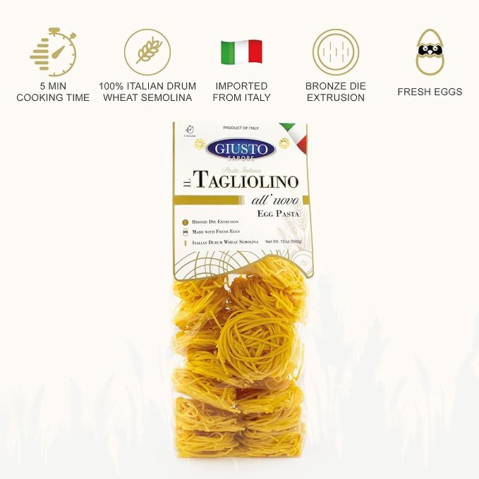Giusto Sapore Classic Tagliolini All'Uovo Italian Egg Pasta Nest - 340g - Premium Bronze Drawn Durum Wheat Semolina Gourmet Pasta Noodles - Imported from Italy and Family Owned (Tagliolino, 1 Pack)