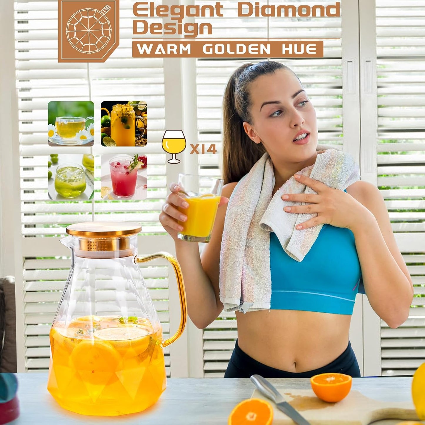 Glass Pitcher, 2.4Liter Water Pitcher With Lid | Iced Tea Pitcher for Fridge, Glass Water Carafe With Lid, Glass Water Jug, Large Drink Pitcher For Juice, Milk, Cold Or Hot
