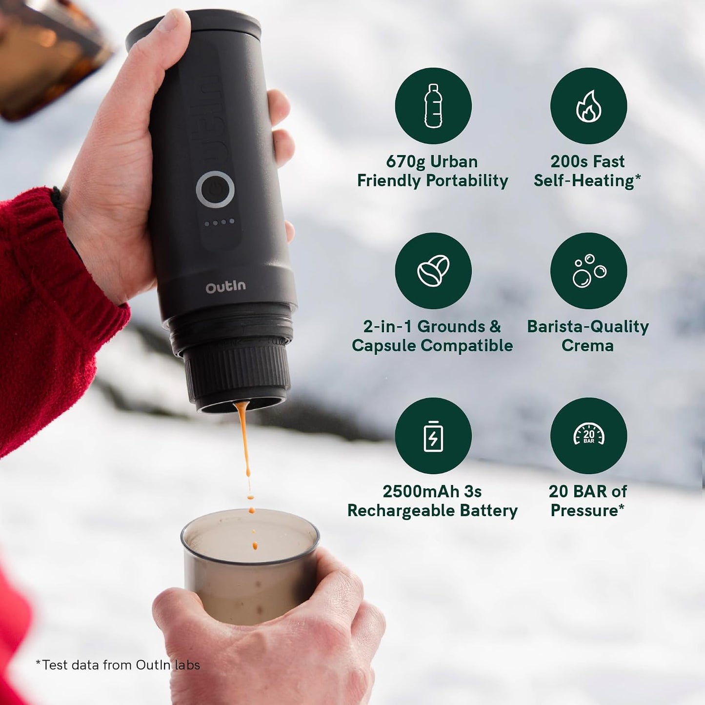 OutIn Nano Portable Electric Espresso Machine, Travel Coffee Maker | Self-Heating USB-C Car Coffee Maker for Ground Coffee &amp; NS Capsules, Ideal for Camping, RV, Hiking and Office, Forest Green