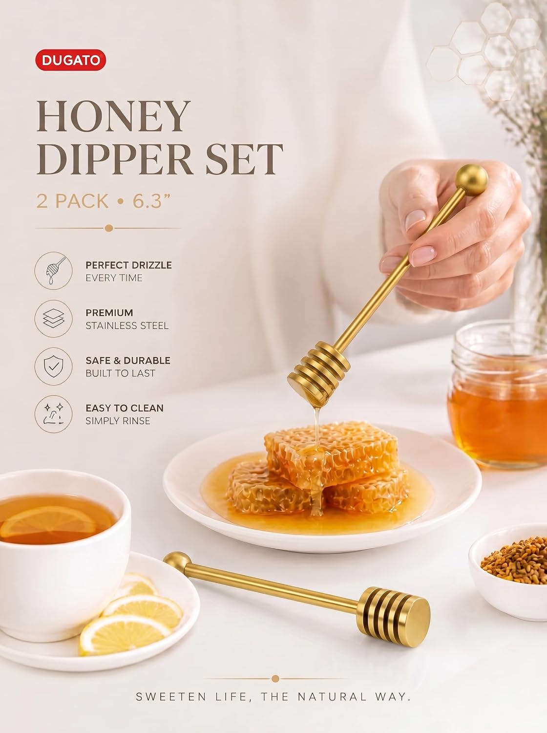 Honey Dipper, 6.3 in Stainless Steel Server Stick, 2-Pack Gold Color | Spiral Honey Dipper Design, Honeycomb Stick for Honey Jar, Syrup Drizzler, Tea Server, Dishwasher Safe Gift Pair