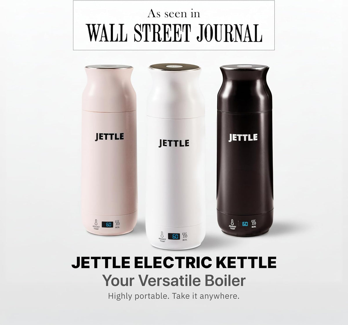 Jettle Portable Electric Kettle, 450ml Travel Water Boiler with LED, White | 304 stainless steel interior, 12 temperature settings, auto shut-off, dry-boil protection, ideal for coffee, tea and travel