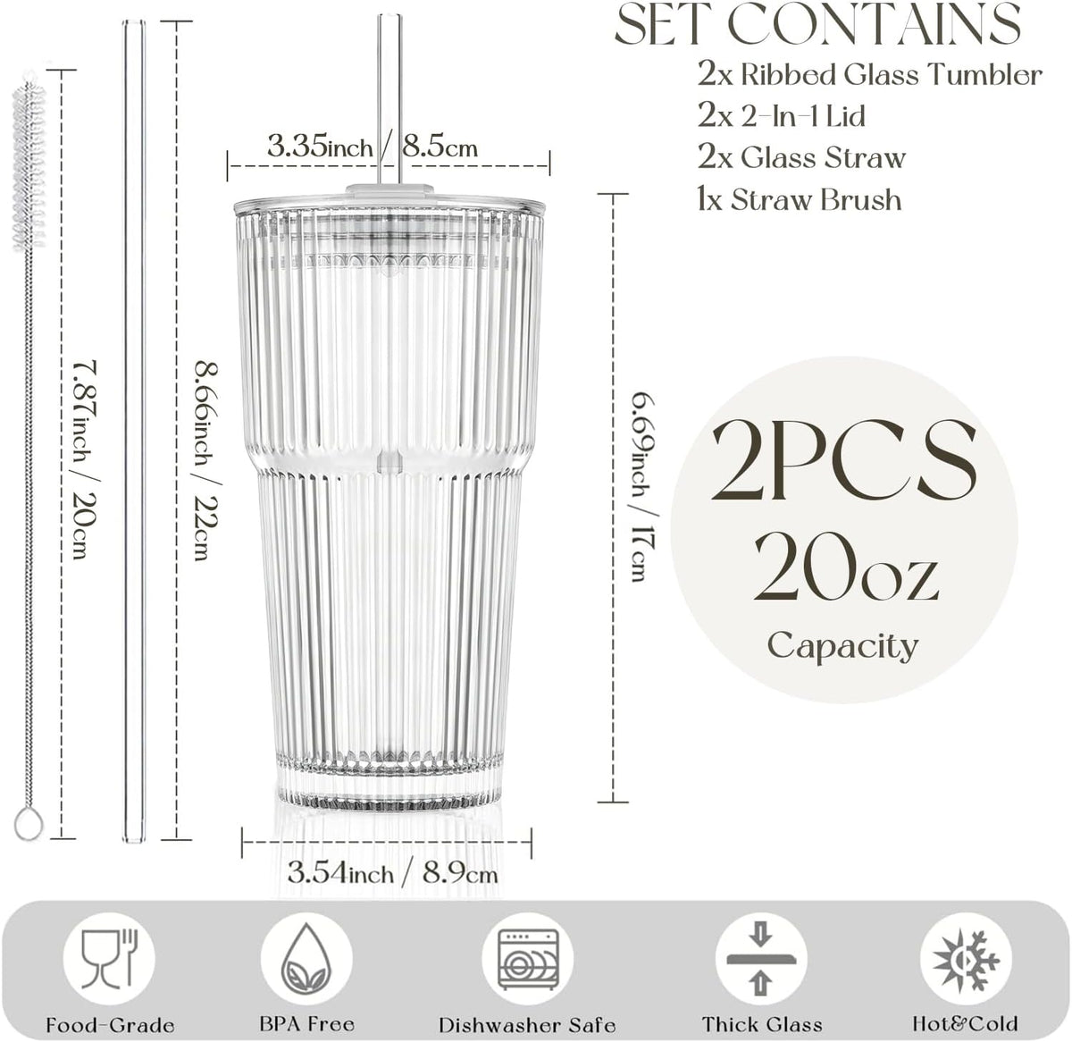 KEMORELA 20oz Ribbed Glass Tumblers with Lids and Straws,Iced Coffee Cups | Reusable thick-wall glass, Leak-Proof Lids, Fits Most Car Cup Holders, For Iced Coffee and Cold Drinks, With Cleaning Brush