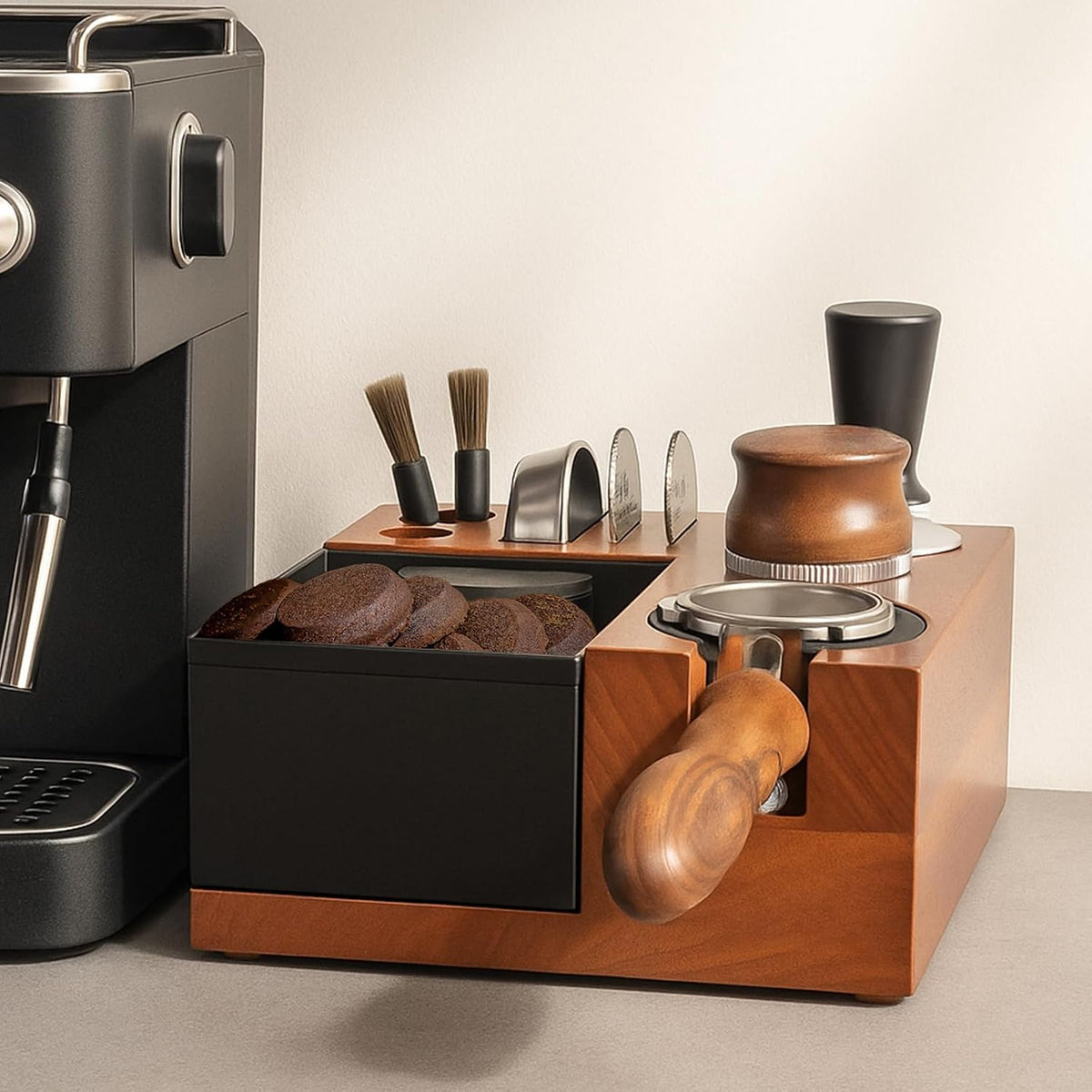Espresso Tamping Station Knock Box - 9 in1 Espresso Knock Box And Tamp Station Coffee Organizer Fit for 51mm 53mm 54mm 58mm Espresso Tamper Distributor Portafilter Puck Screen Accessories Storage