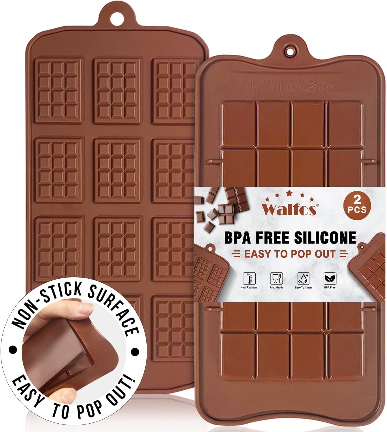 Walfos Break-Apart Chocolate Molds, Non-Stick Silicone Chocolate Bar Mold, Food Grade Candy Bar Mold, Perfect for Energy