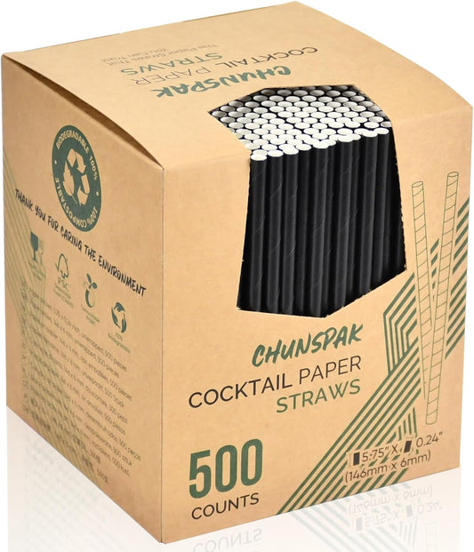 [500 Bulk] 5.75 inch Black Short Paper Straws, Stir Straws for Cocktail, Coffee, Mixed Drinks - Home, Bar and Restaurant