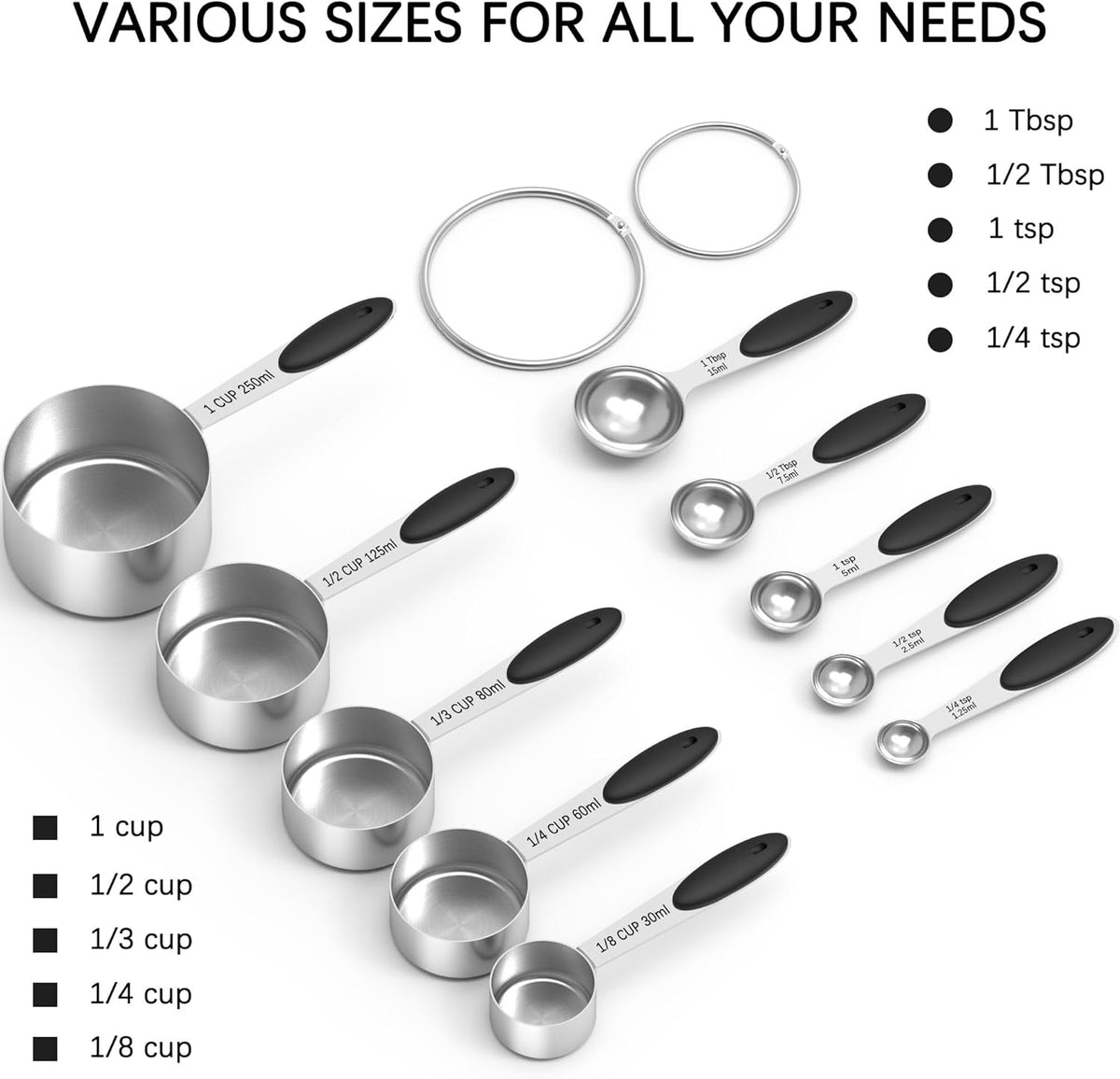 Stainless Steel Measuring Cups and Spoons Set with Silicone Handle – Nesting Design for Space-Saving, Heavy Duty &amp; Dishwasher Safe for Dry/Liquid Ingredients, Cooking &amp; Baking (10)