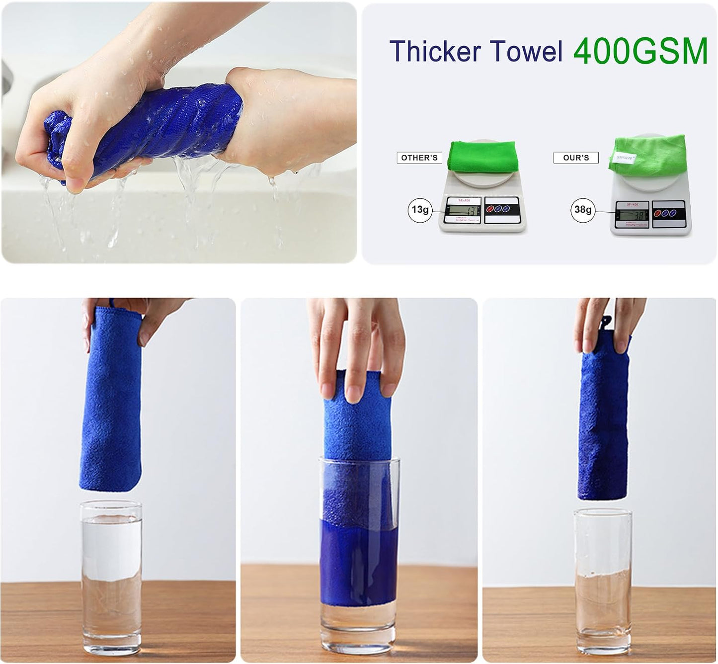 Premium Microfiber Cleaning Cloths, Ultra Absorbent Lint-Free Towels for Kitchen, Glass, Car Care, Stainless Steel &amp; Household Cleaning, 400 GSM, 12" x 12"
