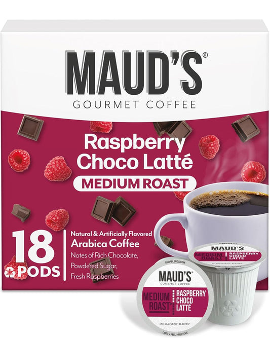 Maud's Raspberry Chocolate Flavored Coffee Pods, 18 ct, Medium Roast Flavored Coffee in Recyclable Single Serve Pods – 100%