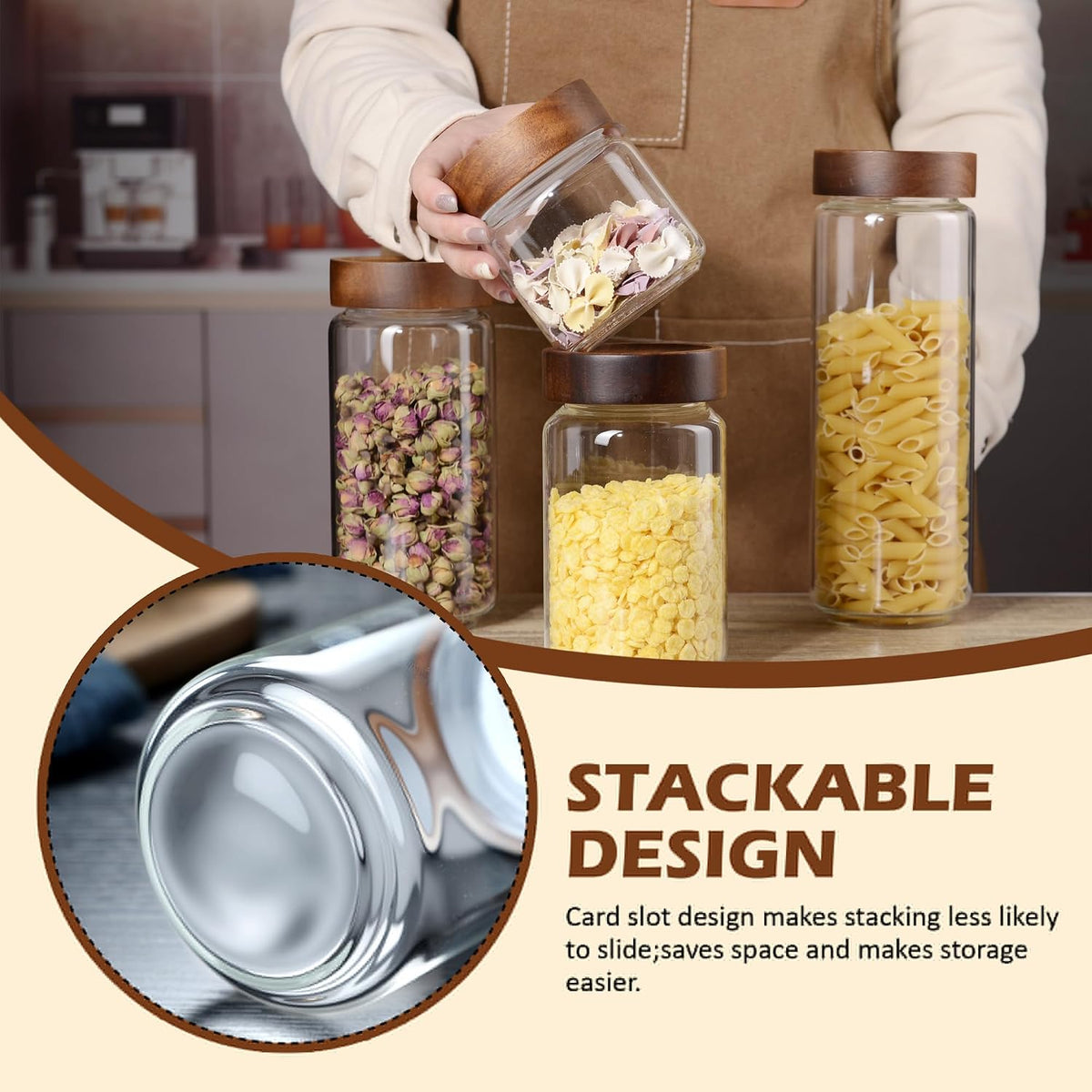 24 fl oz/710 ml Glass Jar with Airtight Wooden Screw Top Lid, Clear Stackable Food Storage Canister, Medium Cute Decorative Glass Container for Coffee, Candy, Cookie, Sugar, Oatmeal, Spice