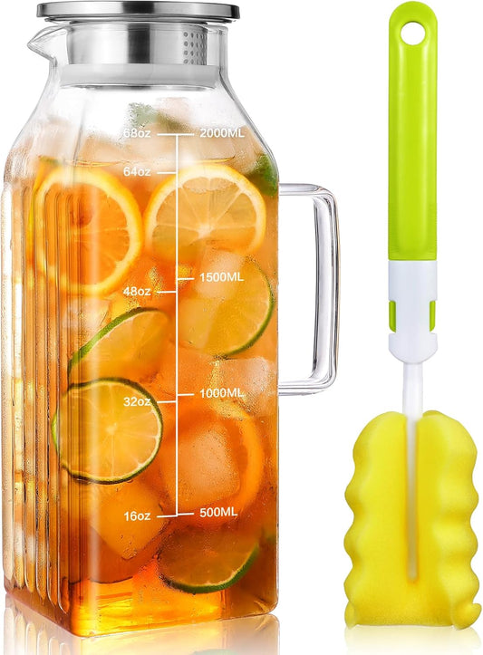Aofmee 68oz Glass Pitcher for Bridge Door, 2 Liter Square Water Pitcher with Lid and Scale Line, Heat Resistant Tea