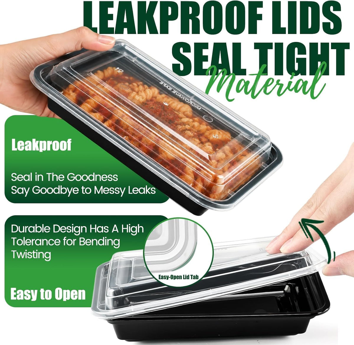 100-Piece (50-Pack) 16 OZ Meal Prep Containers Reusable with Lids, Sturdy Leakproof & Food Safe, Microwave, Freezer, Dishwasher Safe To Go Food Containers, Plastic Take Out Containers, Black