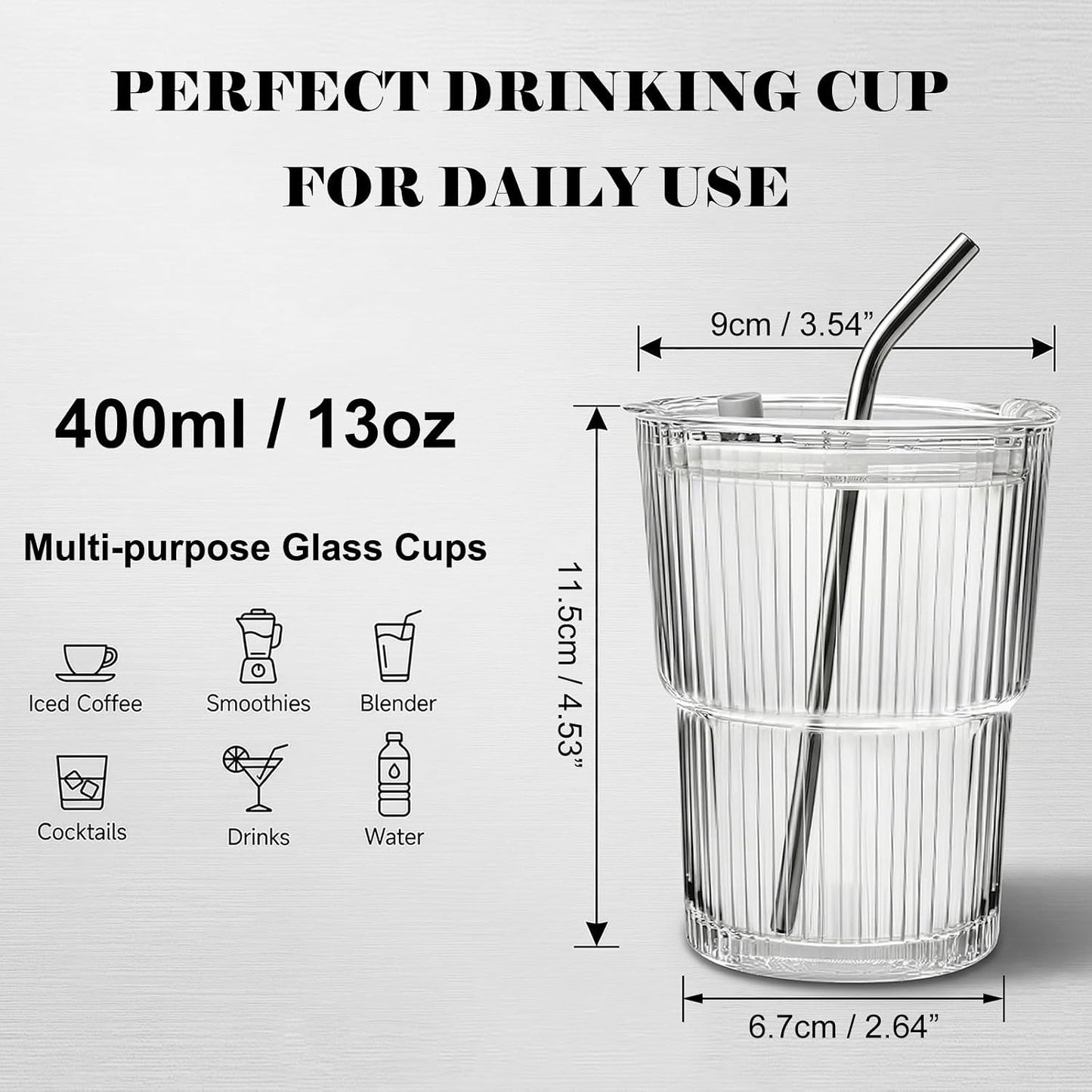 13oz Iced Coffee Cups with Lids and Straws, Thicken Glass Cups, 2 PCS | Dishwasher Safe &amp; Leak Proof Glass Tumbler for Coffee Tea Juice Matcha, Drinking Glasses Set Fits Most Car Cup Holders