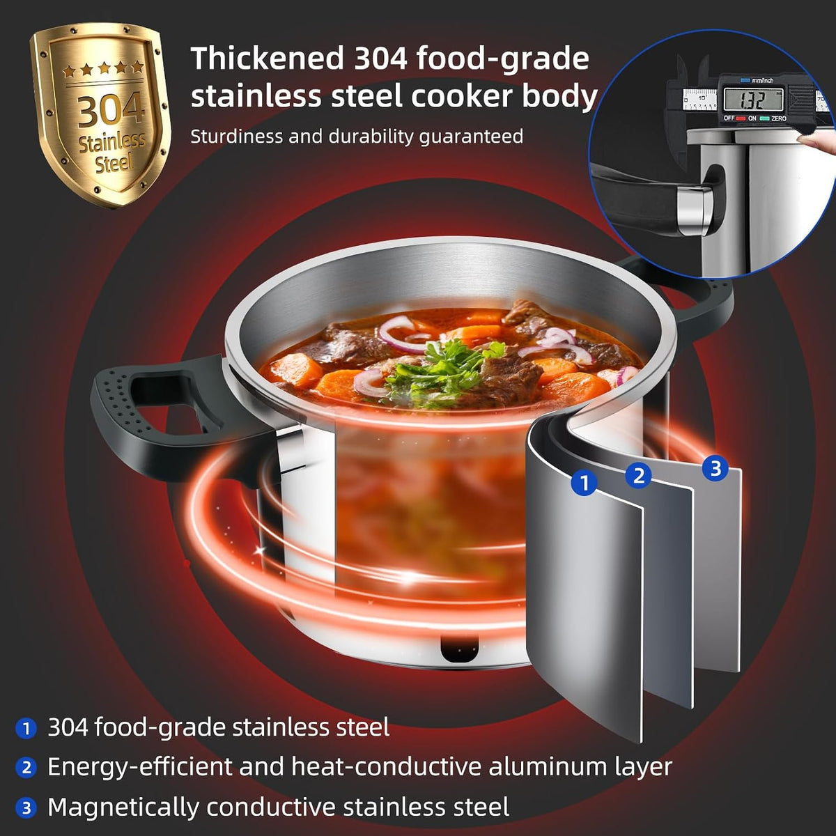 4 Quart Stainless Steel Pressure Cooker, Heavy Duty Stovetop Pressure Cooker, Induction Compatible, Safe Locking Lid, Dishwasher Safe, Compact Fast Cooking Pot for Home Kitchen